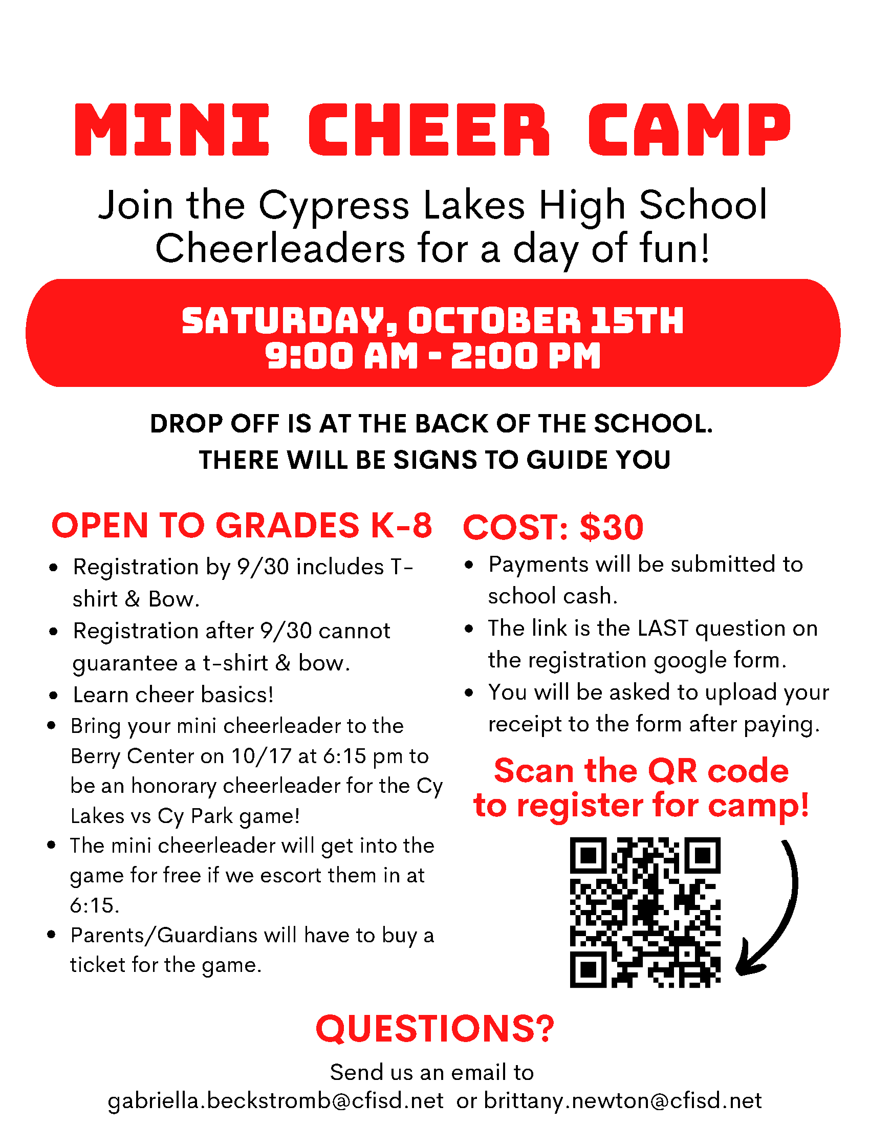 Mini Cheer Camp at Cy Lakes HS - 10/15/22 9am-2pm, Grades K-8, Cost $30